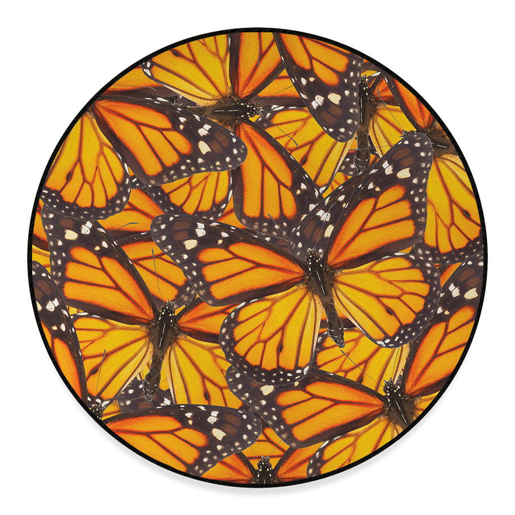 Orange Monarch Butterfly Pattern Print Round Floor Mat