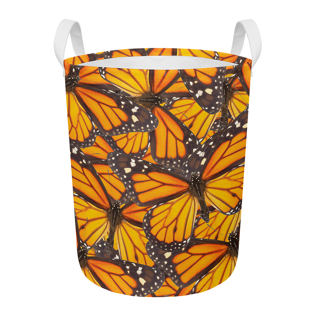Orange Monarch Butterfly Pattern Print Round Laundry Basket