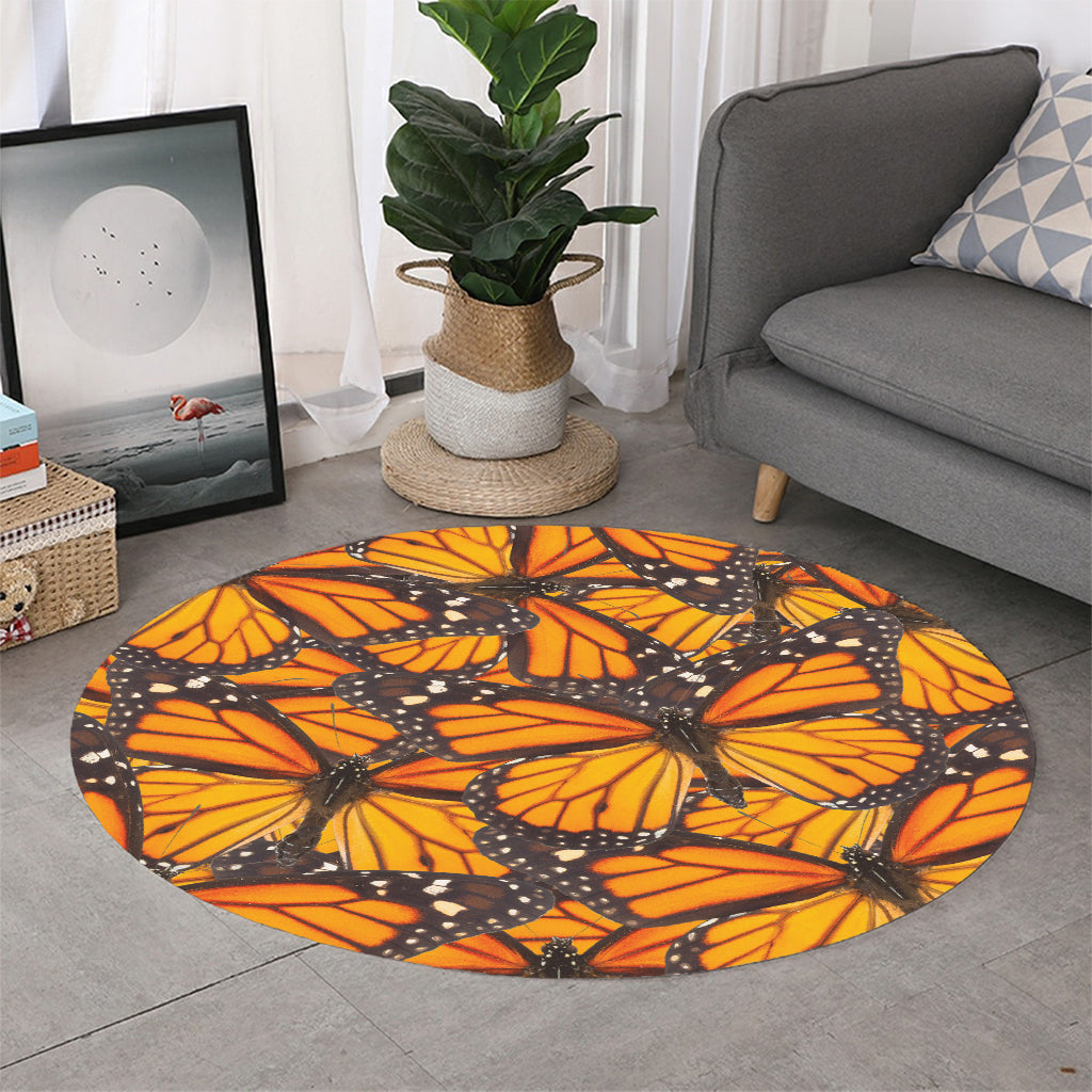 Orange Monarch Butterfly Pattern Print Round Rug