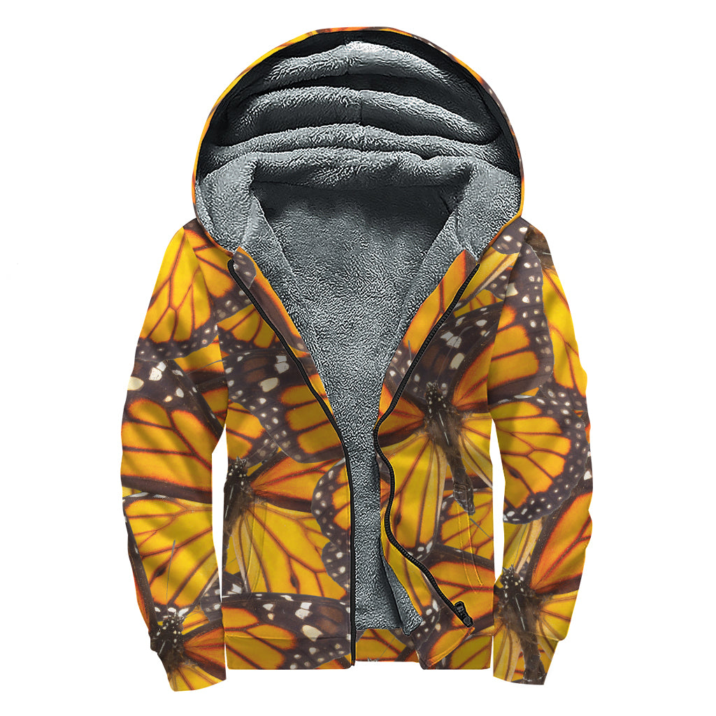 Orange Monarch Butterfly Pattern Print Sherpa Lined Zip Up Hoodie