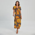 Orange Monarch Butterfly Pattern Print Short Sleeve Maxi Dress