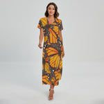 Orange Monarch Butterfly Pattern Print Short Sleeve Maxi Dress