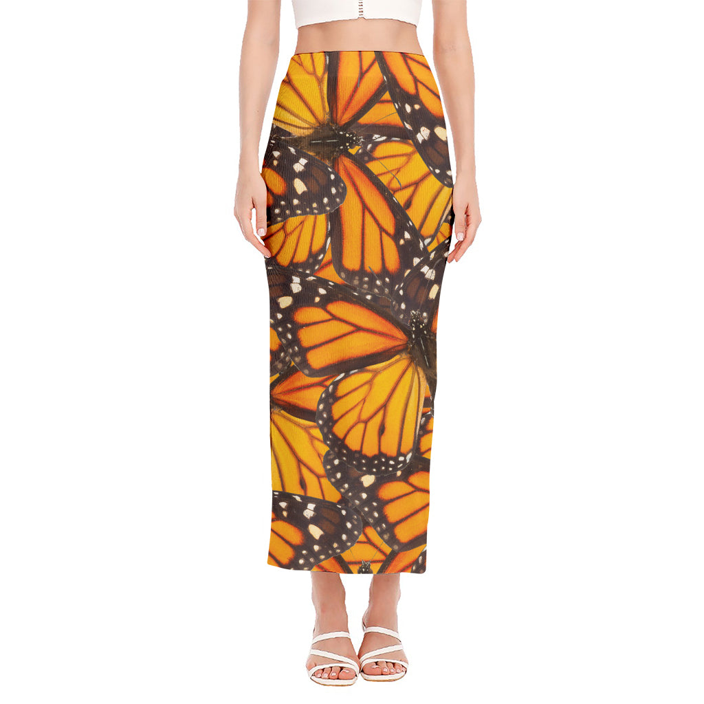 Orange Monarch Butterfly Pattern Print Side Slit Maxi Skirt