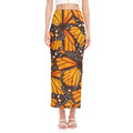 Orange Monarch Butterfly Pattern Print Side Slit Maxi Skirt