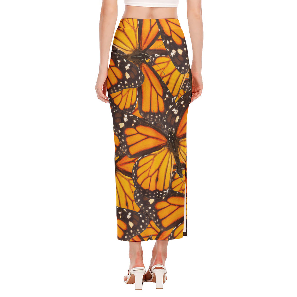 Orange Monarch Butterfly Pattern Print Side Slit Maxi Skirt