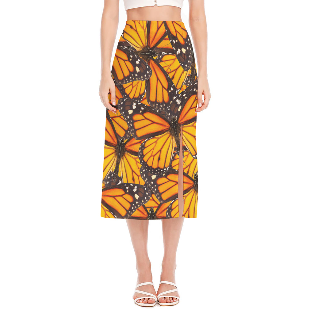 Orange Monarch Butterfly Pattern Print Side Slit Midi Skirt