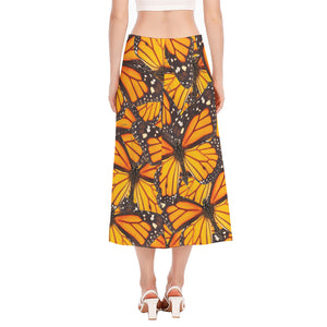 Orange Monarch Butterfly Pattern Print Side Slit Midi Skirt