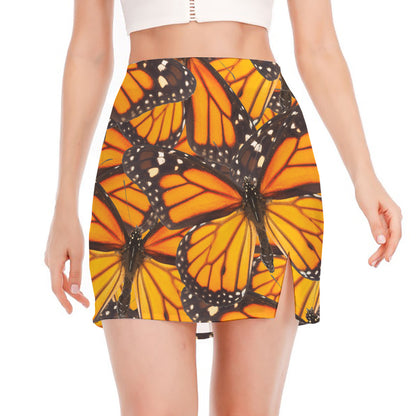 Orange Monarch Butterfly Pattern Print Side Slit Mini Skirt
