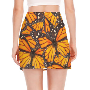 Orange Monarch Butterfly Pattern Print Side Slit Mini Skirt