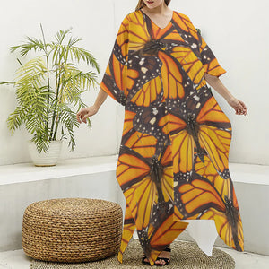 Orange Monarch Butterfly Pattern Print Silk V-Neck Kaftan Dress