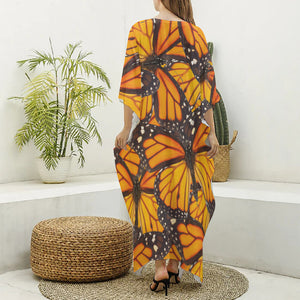 Orange Monarch Butterfly Pattern Print Silk V-Neck Kaftan Dress