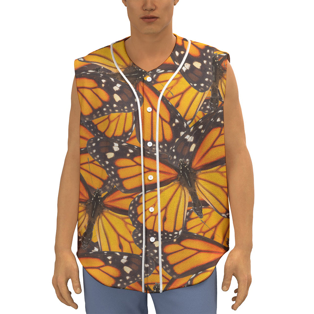 Orange Monarch Butterfly Pattern Print Sleeveless Baseball Jersey