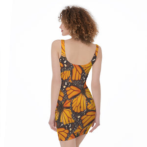 Orange Monarch Butterfly Pattern Print Sleeveless Bodycon Dress