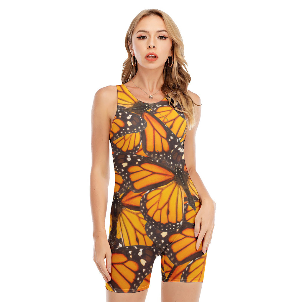 Orange Monarch Butterfly Pattern Print Sleeveless One Piece Swimsuit