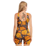 Orange Monarch Butterfly Pattern Print Sleeveless One Piece Swimsuit