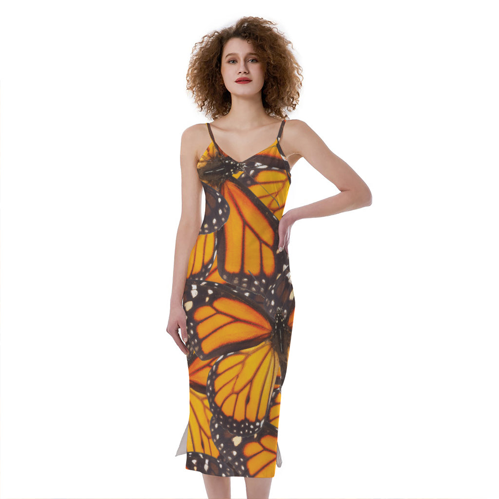 Orange Monarch Butterfly Pattern Print Slim Fit Midi Cami Dress