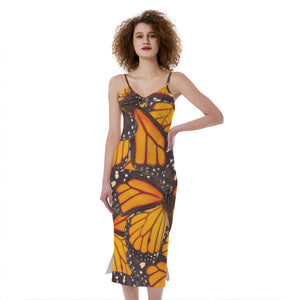 Orange Monarch Butterfly Pattern Print Slim Fit Midi Cami Dress