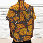 Orange Monarch Butterfly Pattern Print Textured Short Sleeve Shirt