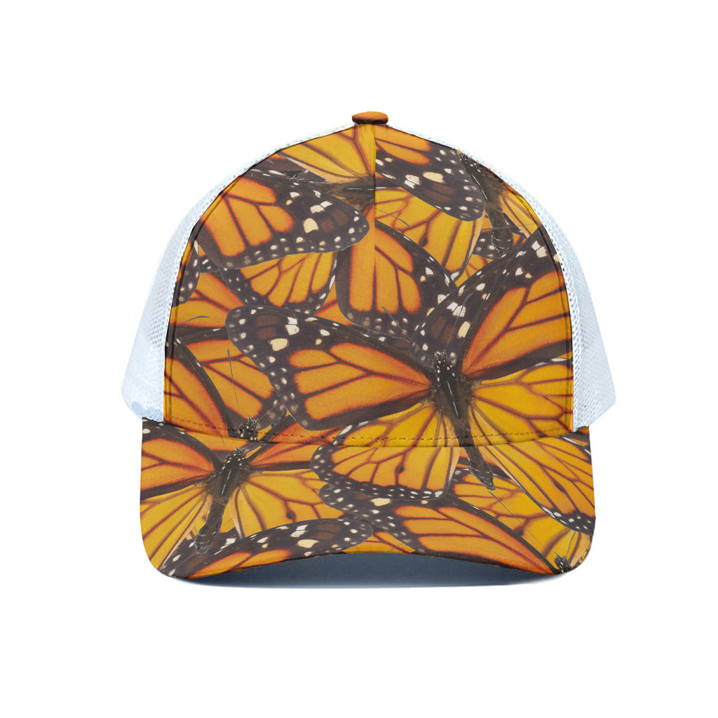 Orange Monarch Butterfly Pattern Print White Mesh Trucker Cap