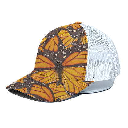 Orange Monarch Butterfly Pattern Print White Mesh Trucker Cap