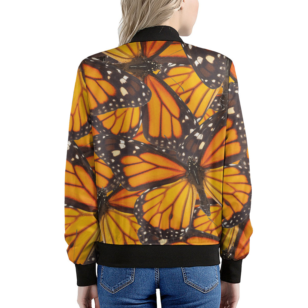 Orange Monarch Butterfly Pattern Print Women's Bomber Jacket