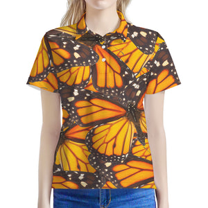 Orange Monarch Butterfly Pattern Print Women's Polo Shirt