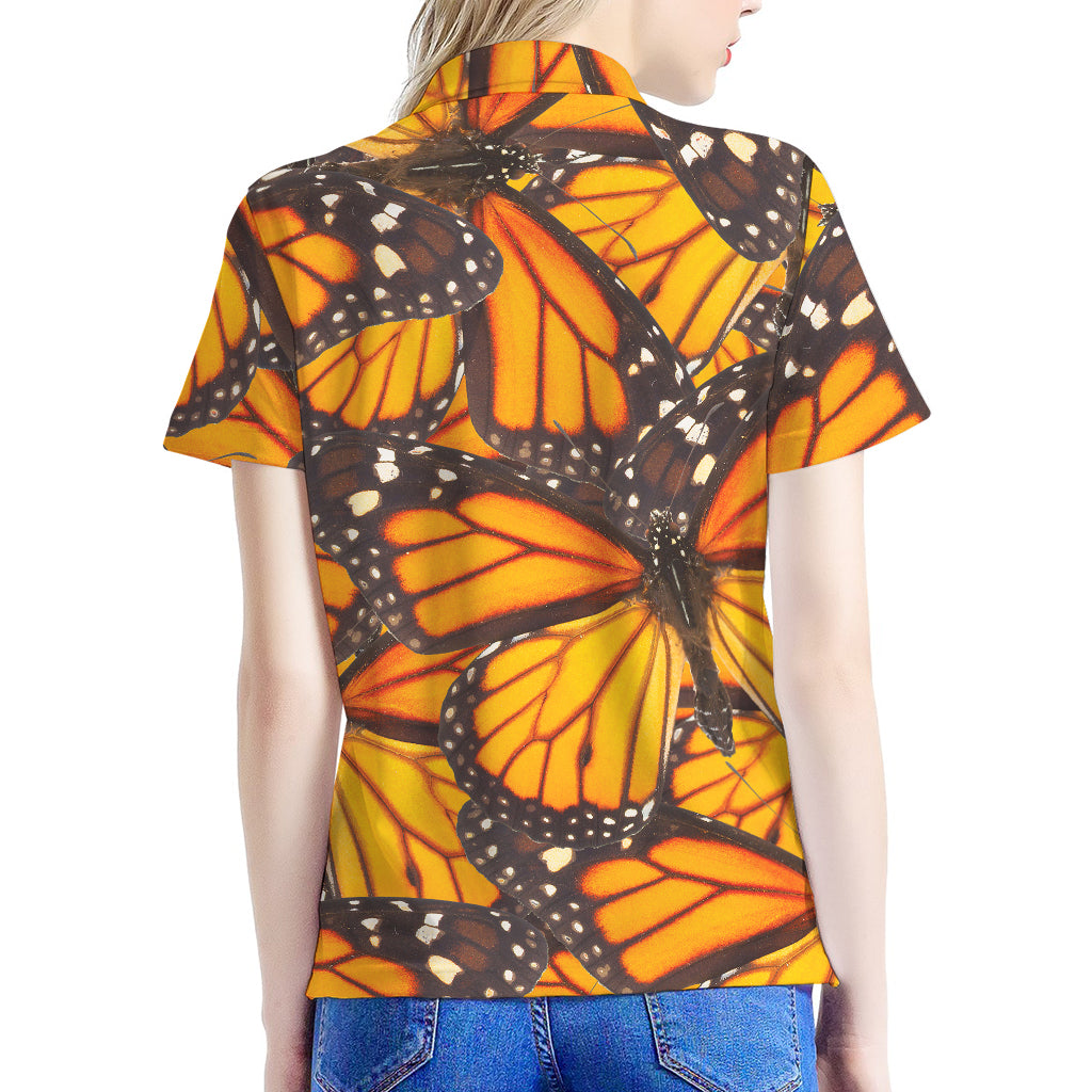 Orange Monarch Butterfly Pattern Print Women's Polo Shirt