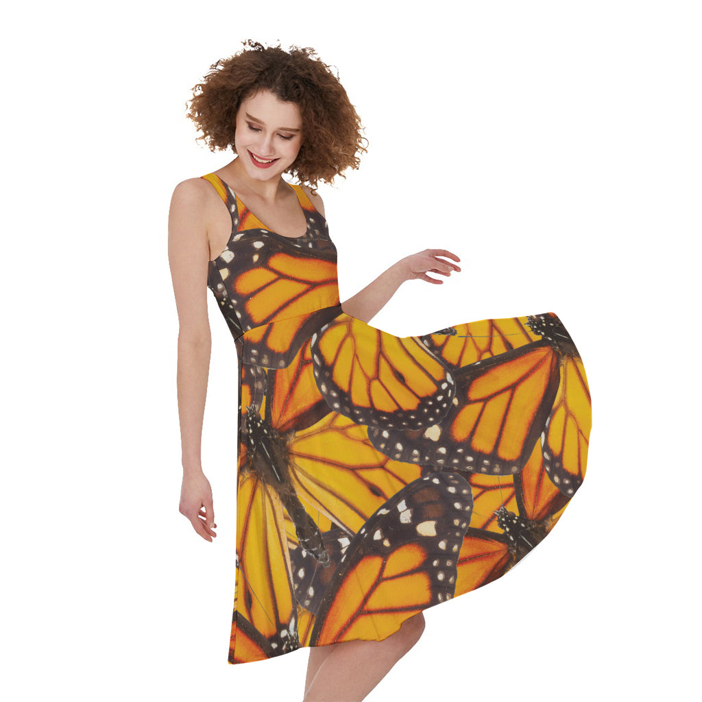 Orange Monarch Butterfly Pattern Print Women's Sleeveless Dress