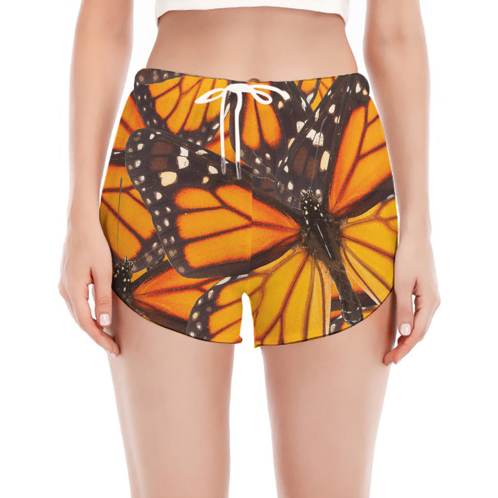 Orange Monarch Butterfly Pattern Print Women's Split Running Shorts