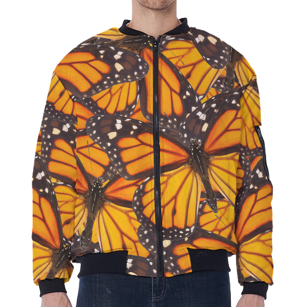 Orange Monarch Butterfly Pattern Print Zip Sleeve Bomber Jacket