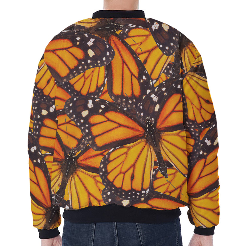 Orange Monarch Butterfly Pattern Print Zip Sleeve Bomber Jacket