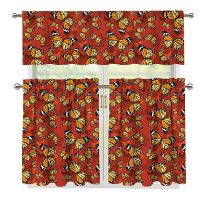 Orange Monarch Butterfly Print 3 Piece Kitchen Curtains