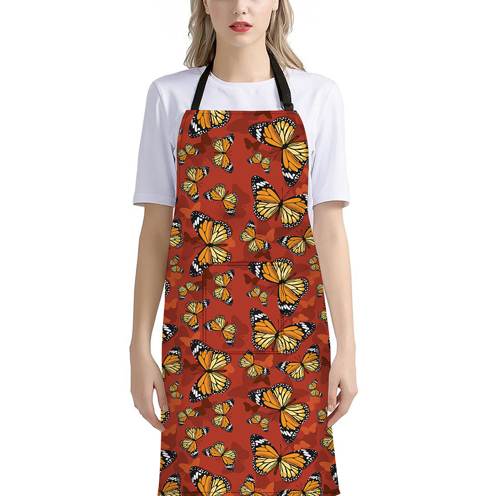 Orange Monarch Butterfly Print Bib Apron With Pocket