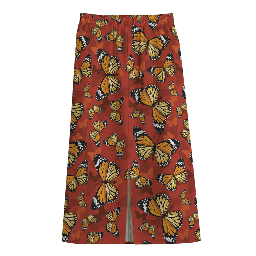 Orange Monarch Butterfly Print Cotton Front Slit Maxi Skirt