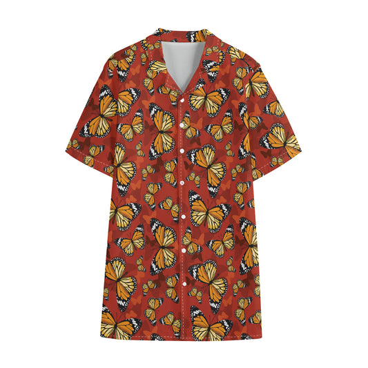 Orange Monarch Butterfly Print Cotton Hawaiian Shirt
