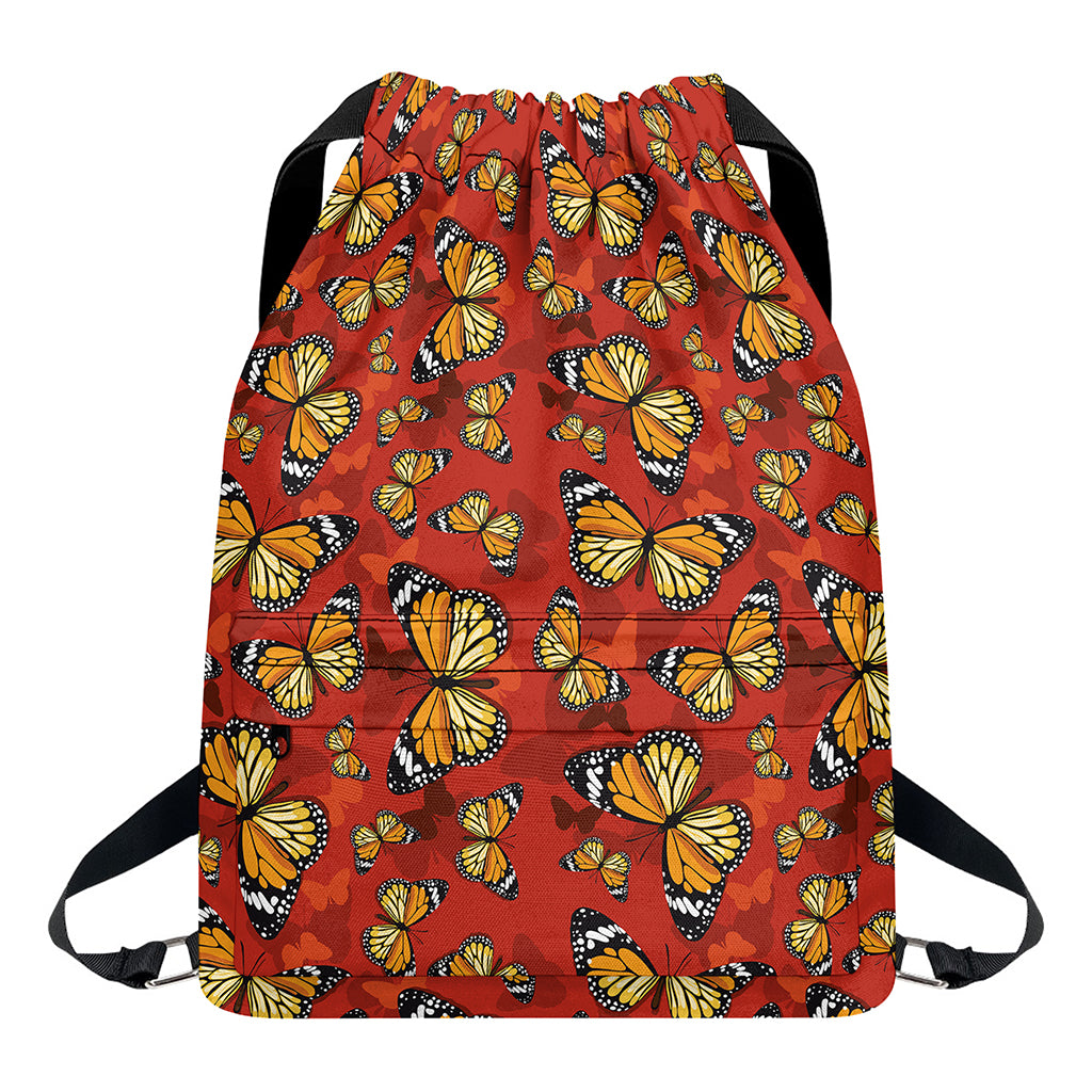 Orange Monarch Butterfly Print Drawstring Backpack