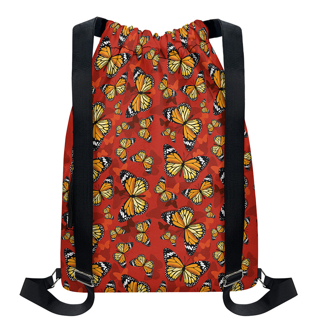 Orange Monarch Butterfly Print Drawstring Backpack