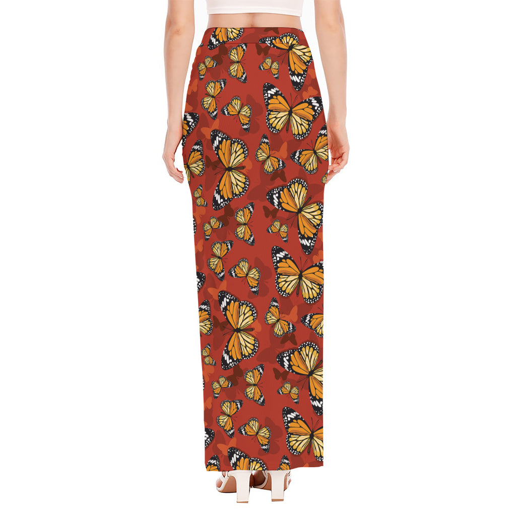 Orange Monarch Butterfly Print High Slit Maxi Skirt