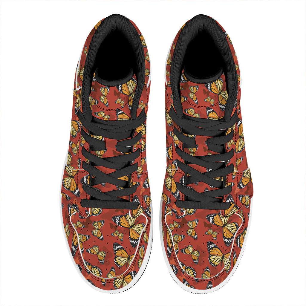 Orange Monarch Butterfly Print High Top Leather Sneakers