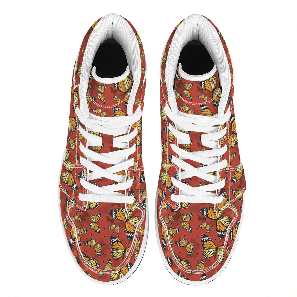 Orange Monarch Butterfly Print High Top Leather Sneakers