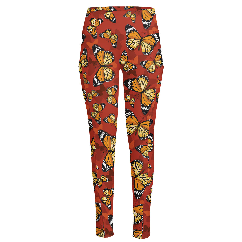 Orange Monarch Butterfly Print High-Waisted Pocket Leggings