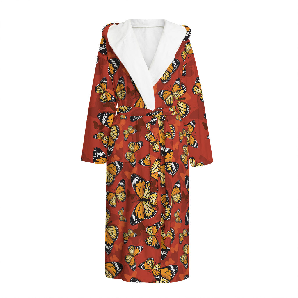 Orange Monarch Butterfly Print Hooded Bathrobe