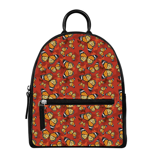 Orange Monarch Butterfly Print Leather Backpack