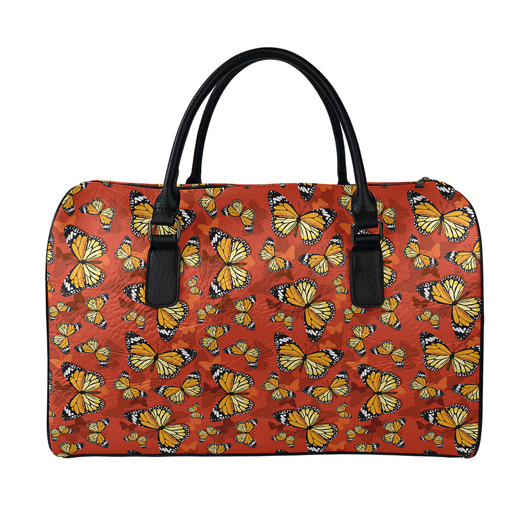 Orange Monarch Butterfly Print Leather Duffle Bag