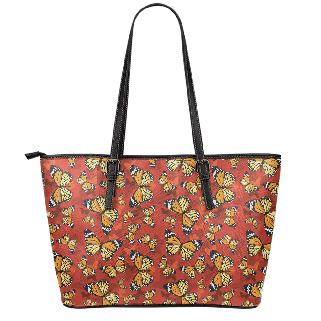 Orange Monarch Butterfly Print Leather Tote Bag