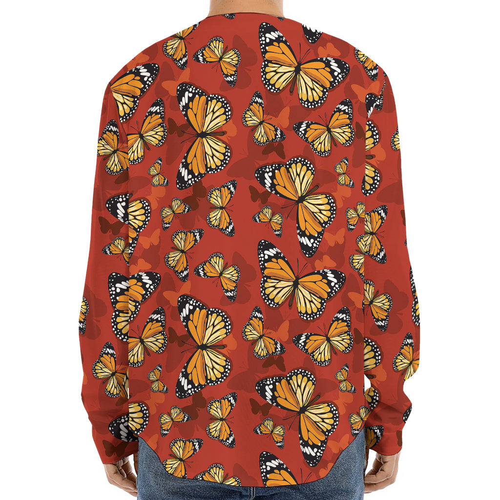 Orange Monarch Butterfly Print Long Sleeve Baseball Jersey