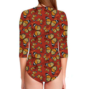 Orange Monarch Butterfly Print Long Sleeve Swimsuit