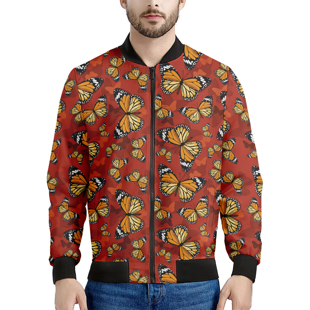 Orange Monarch Butterfly Print Men's Bomber Jacket