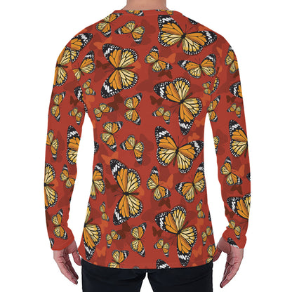 Orange Monarch Butterfly Print Men's Long Sleeve T-Shirt
