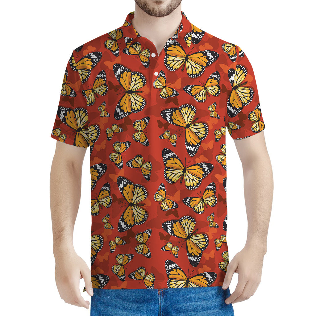 Orange Monarch Butterfly Print Men's Polo Shirt